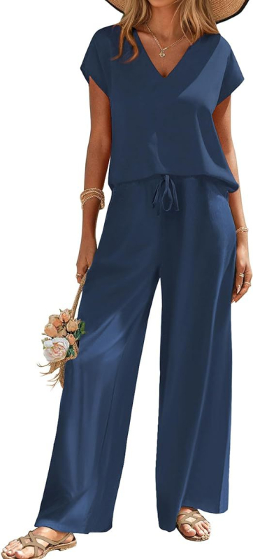 Îmbrăcăminte transfrontalieră europeană și americană Amazon Aliexpress 2025 Vara nouă Tricou cu guler în V Imprimat Pantaloni largi Costum la modă