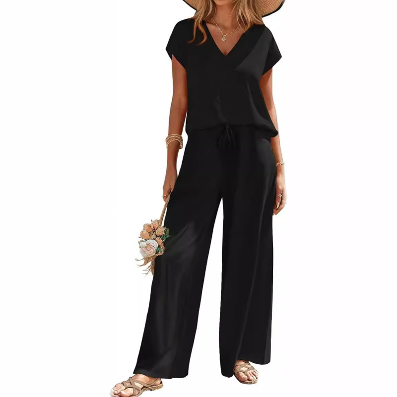 Îmbrăcăminte transfrontalieră europeană și americană Amazon Aliexpress 2025 Vara nouă Tricou cu guler în V Imprimat Pantaloni largi Costum la modă