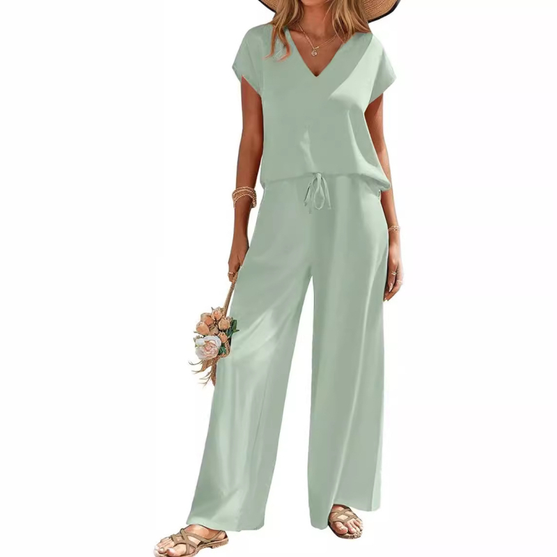 Îmbrăcăminte transfrontalieră europeană și americană Amazon Aliexpress 2025 Vara nouă Tricou cu guler în V Imprimat Pantaloni largi Costum la modă