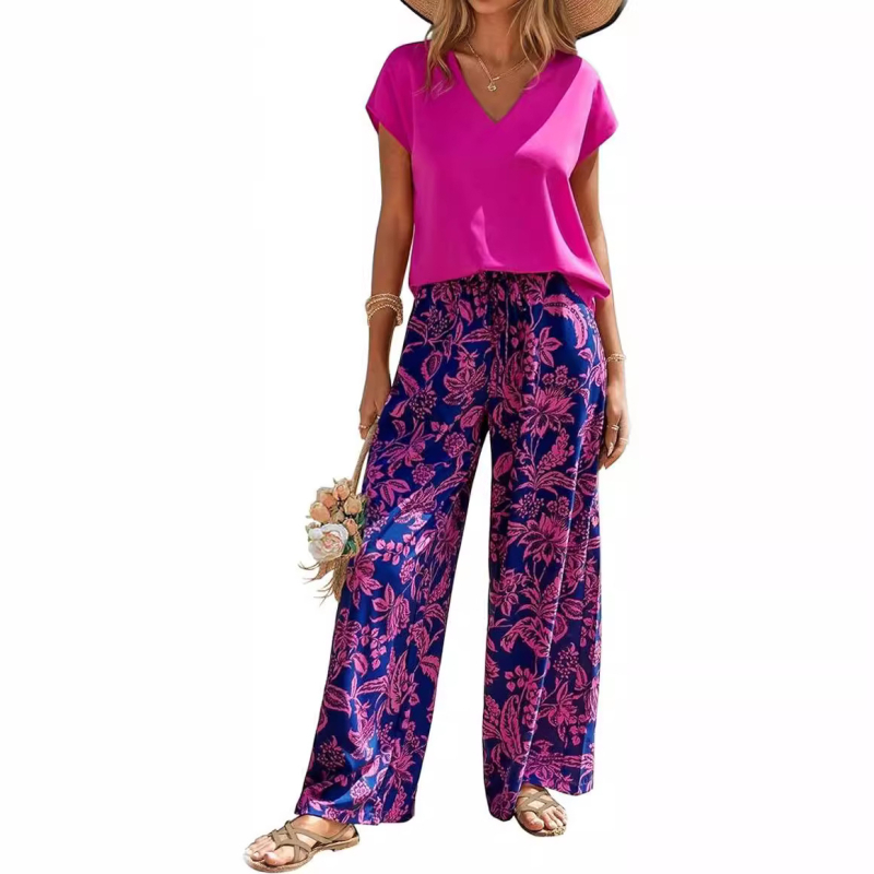 Îmbrăcăminte transfrontalieră europeană și americană Amazon Aliexpress 2025 Vara nouă Tricou cu guler în V Imprimat Pantaloni largi Costum la modă
