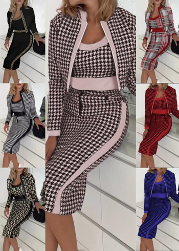 Határokon átnyúló európai és amerikai Amazon aranyos szél édes friss női nyomtatott hosszú ujjú kabát mellény szoknya háromrészes kosztüm