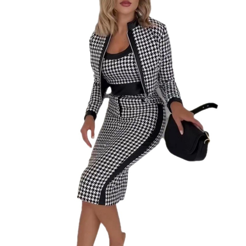 Határokon átnyúló európai és amerikai Amazon aranyos szél édes friss női nyomtatott hosszú ujjú kabát mellény szoknya háromrészes kosztüm