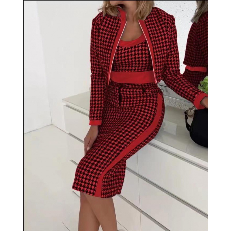 Határokon átnyúló európai és amerikai Amazon aranyos szél édes friss női nyomtatott hosszú ujjú kabát mellény szoknya háromrészes kosztüm