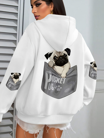 Határokon átnyúló európai kódex női kutyás mintás kapucnis, lezser hosszú ujjú, zsebes őszi és téli gyári nagykereskedelmi fekete