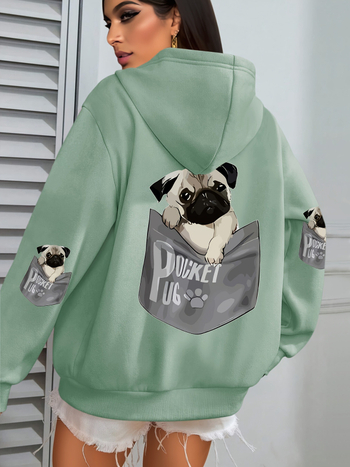 Határokon átnyúló európai kódex női kutyás mintás kapucnis, lezser hosszú ujjú, zsebes őszi és téli gyári nagykereskedelmi fekete