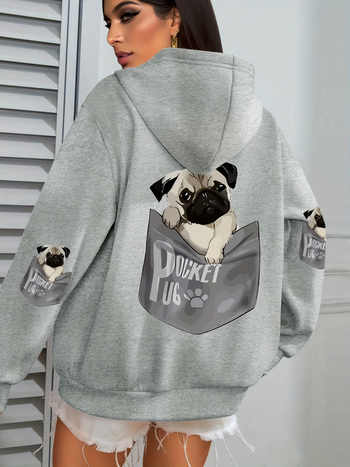 Határokon átnyúló európai kódex női kutyás mintás kapucnis, lezser hosszú ujjú, zsebes őszi és téli gyári nagykereskedelmi fekete