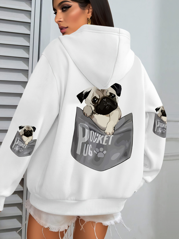 Határokon átnyúló európai kódex női kutyás mintás kapucnis, lezser hosszú ujjú, zsebes őszi és téli gyári nagykereskedelmi fekete