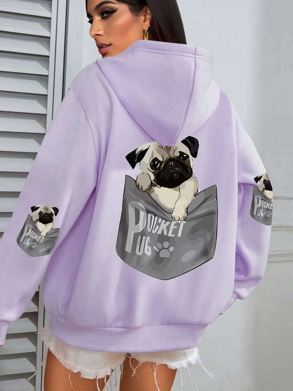 Határokon átnyúló európai kódex női kutyás mintás kapucnis, lezser hosszú ujjú, zsebes őszi és téli gyári nagykereskedelmi fekete