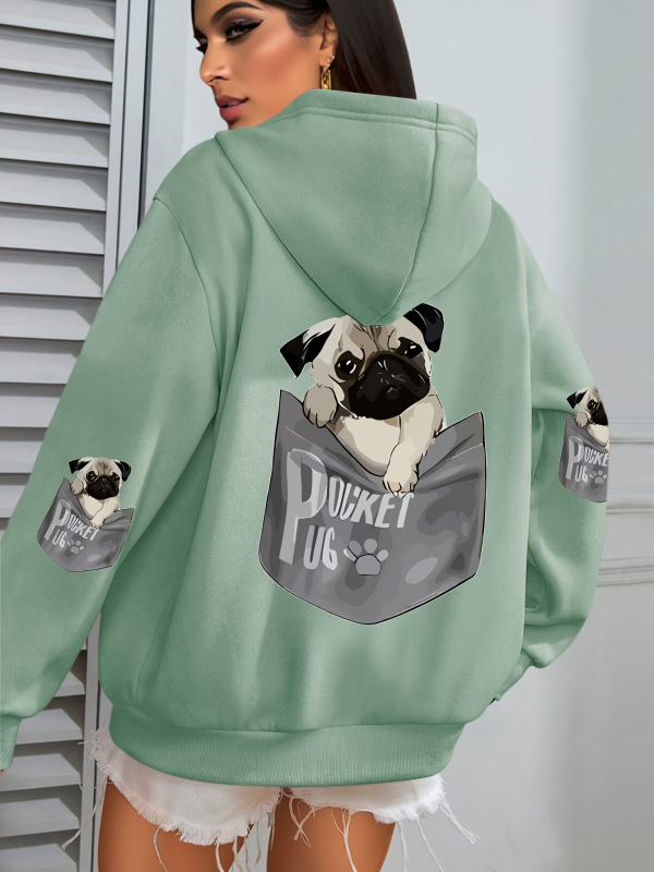 Határokon átnyúló európai kódex női kutyás mintás kapucnis, lezser hosszú ujjú, zsebes őszi és téli gyári nagykereskedelmi fekete