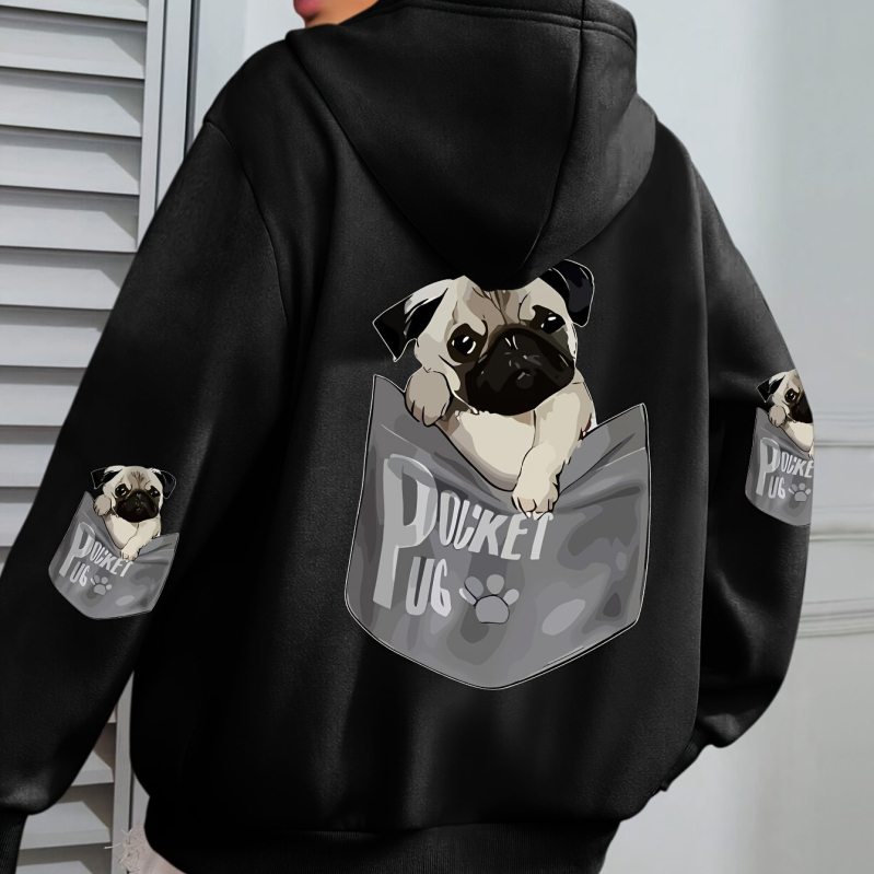 Határokon átnyúló európai kódex női kutyás mintás kapucnis, lezser hosszú ujjú, zsebes őszi és téli gyári nagykereskedelmi fekete