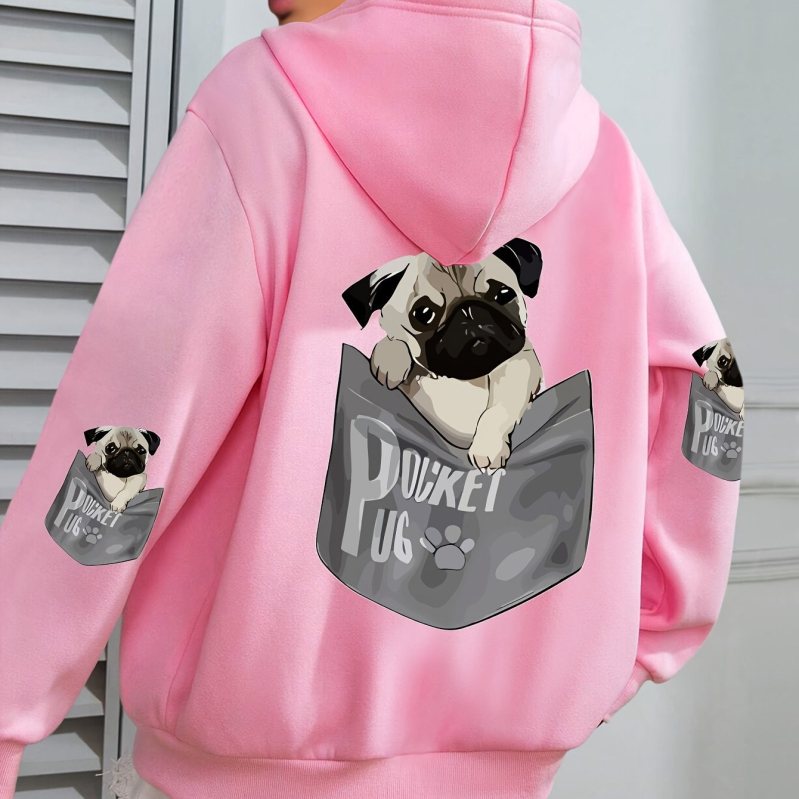 Határokon átnyúló európai kódex női kutyás mintás kapucnis, lezser hosszú ujjú, zsebes őszi és téli gyári nagykereskedelmi fekete