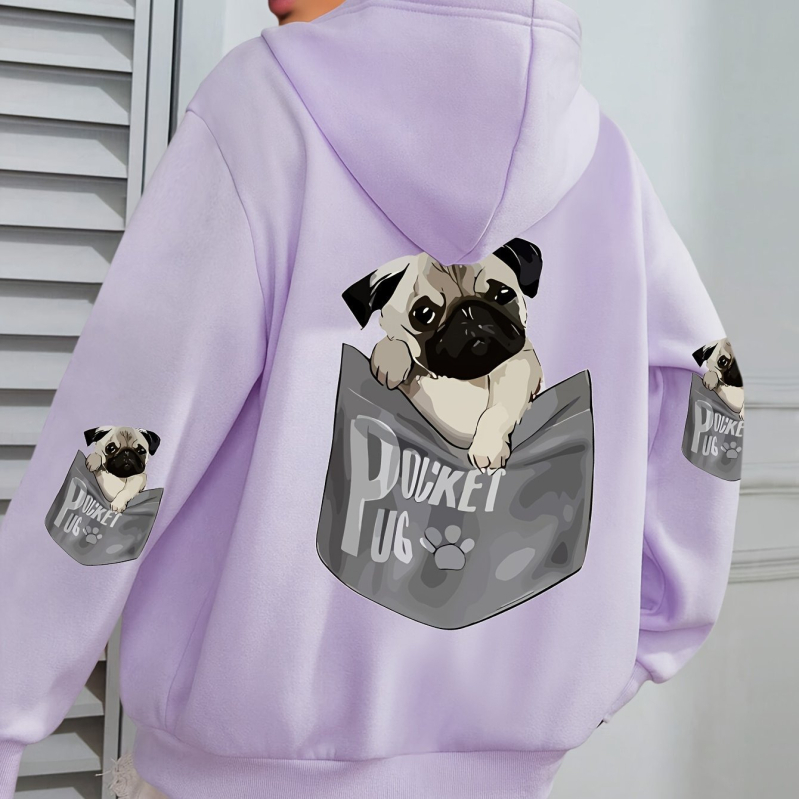 Határokon átnyúló európai kódex női kutyás mintás kapucnis, lezser hosszú ujjú, zsebes őszi és téli gyári nagykereskedelmi fekete