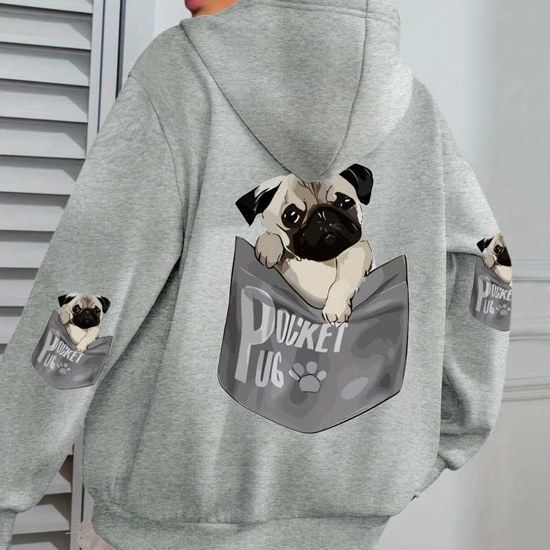 Határokon átnyúló európai kódex női kutyás mintás kapucnis, lezser hosszú ujjú, zsebes őszi és téli gyári nagykereskedelmi fekete