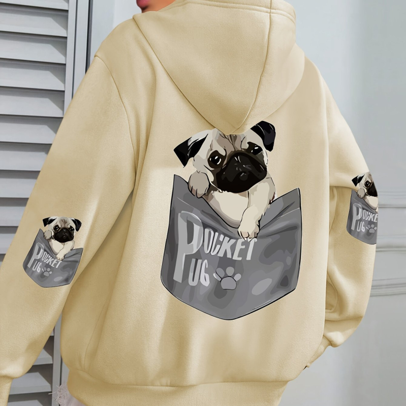 Határokon átnyúló európai kódex női kutyás mintás kapucnis, lezser hosszú ujjú, zsebes őszi és téli gyári nagykereskedelmi fekete