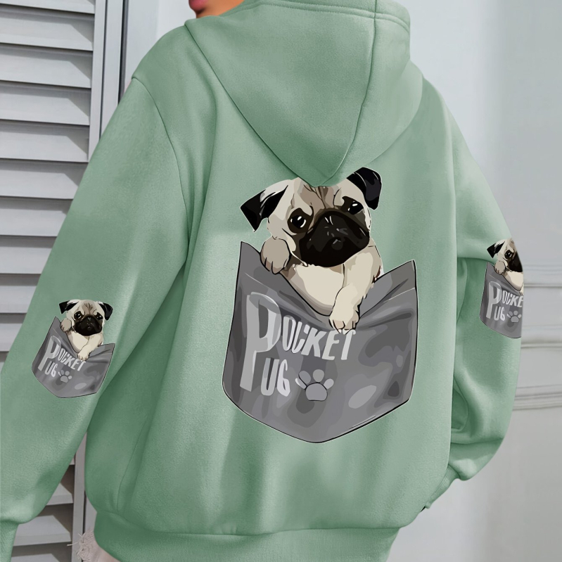 Határokon átnyúló európai kódex női kutyás mintás kapucnis, lezser hosszú ujjú, zsebes őszi és téli gyári nagykereskedelmi fekete