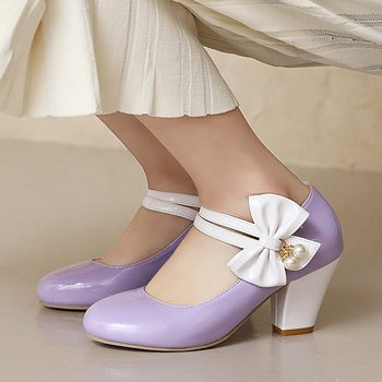 32-48-as méretű női cipők, külkereskedelmi cipők, retró színben illő, masnival díszített, vastag sarkú, magas sarkú cipők, Mary Jane alacsony szárú cipők