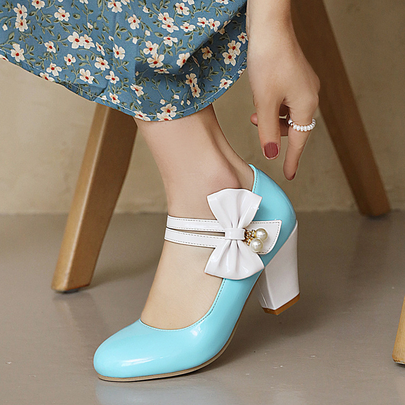 32-48-as méretű női cipők, külkereskedelmi cipők, retró színben illő, masnival díszített, vastag sarkú, magas sarkú cipők, Mary Jane alacsony szárú cipők