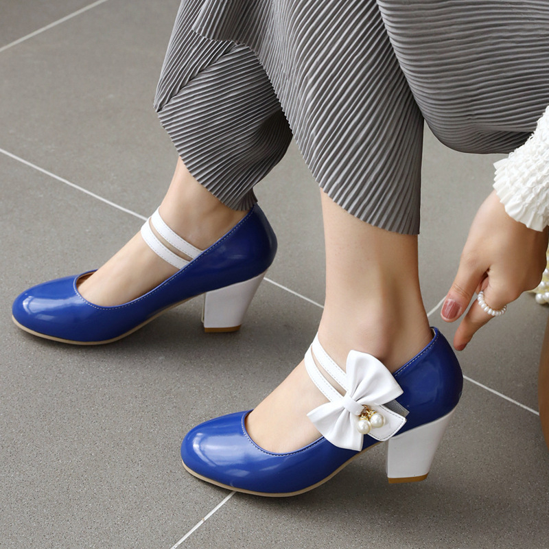 32-48-as méretű női cipők, külkereskedelmi cipők, retró színben illő, masnival díszített, vastag sarkú, magas sarkú cipők, Mary Jane alacsony szárú cipők