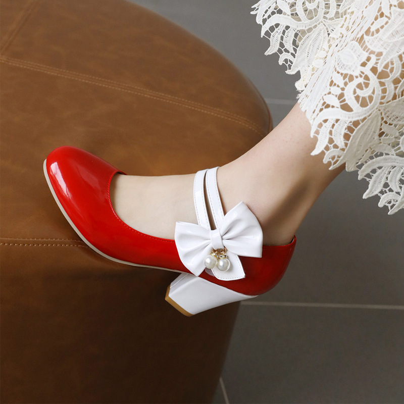 32-48-as méretű női cipők, külkereskedelmi cipők, retró színben illő, masnival díszített, vastag sarkú, magas sarkú cipők, Mary Jane alacsony szárú cipők