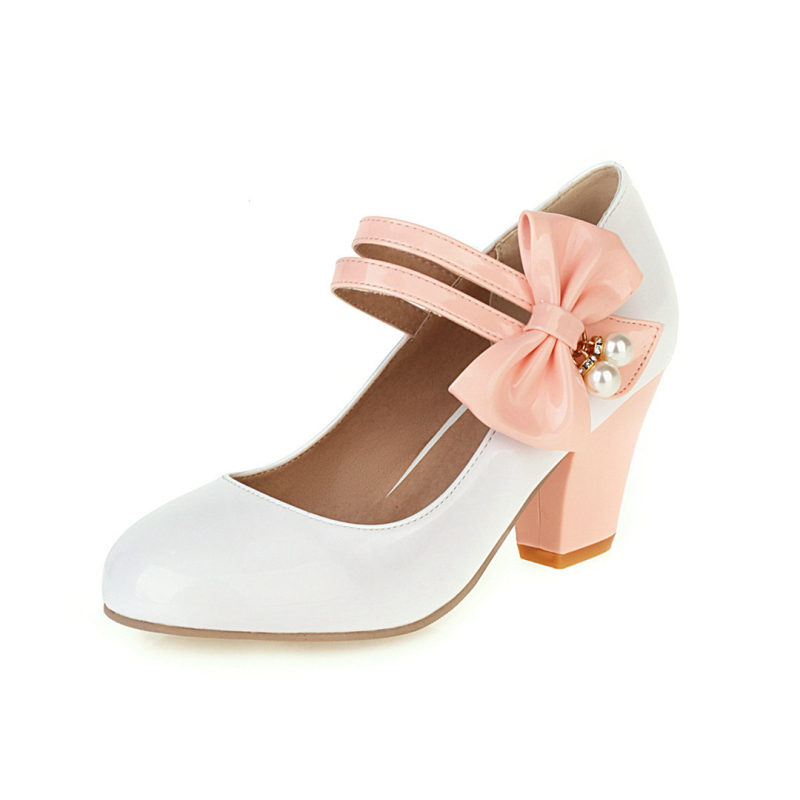 32-48-as méretű női cipők, külkereskedelmi cipők, retró színben illő, masnival díszített, vastag sarkú, magas sarkú cipők, Mary Jane alacsony szárú cipők