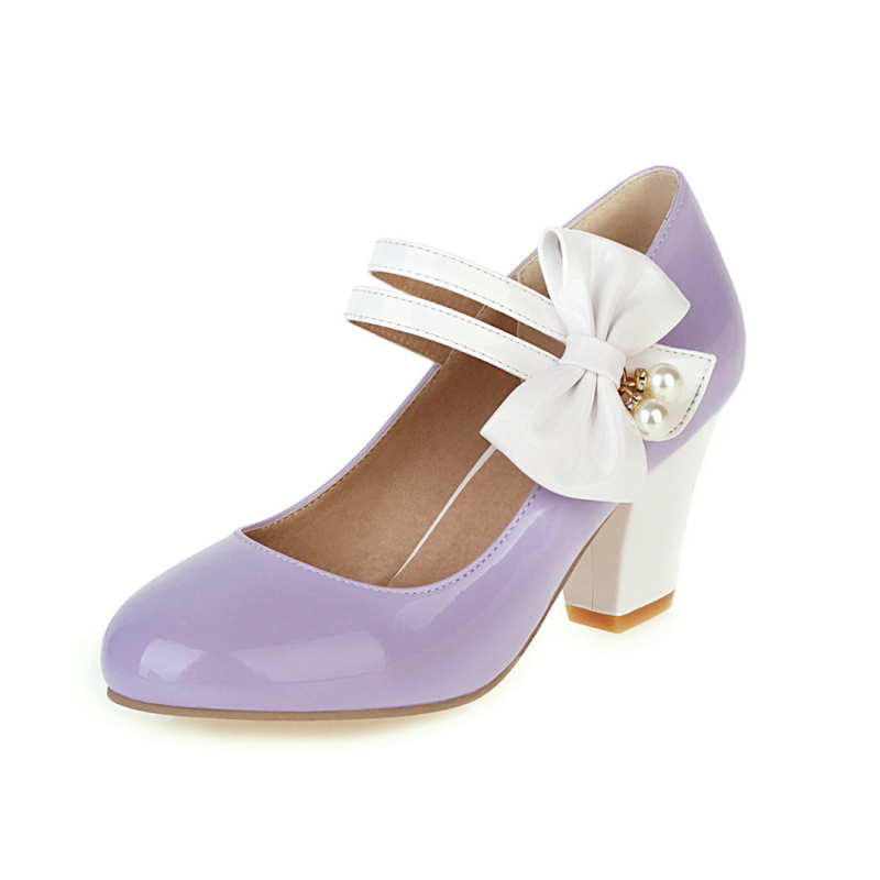 32-48-as méretű női cipők, külkereskedelmi cipők, retró színben illő, masnival díszített, vastag sarkú, magas sarkú cipők, Mary Jane alacsony szárú cipők