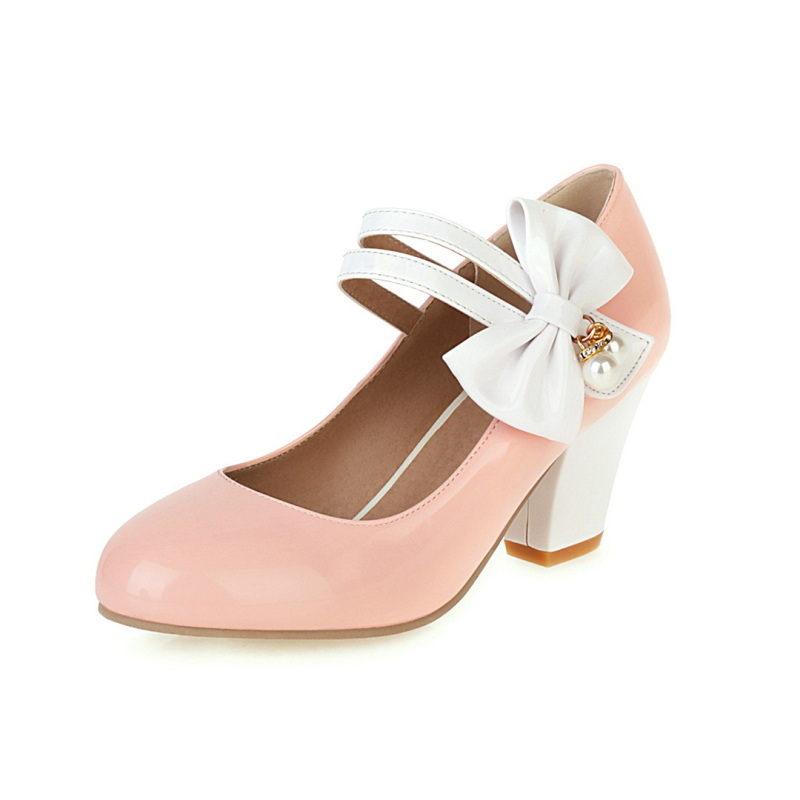 32-48-as méretű női cipők, külkereskedelmi cipők, retró színben illő, masnival díszített, vastag sarkú, magas sarkú cipők, Mary Jane alacsony szárú cipők