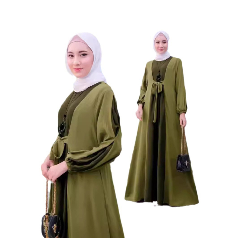 Nové dámske oblečenie Cross-Border Amazon 2024, dámske šaty z Blízkeho východu, farebne blokované, zaväzovacie, pulóverové, s dlhým rukávom