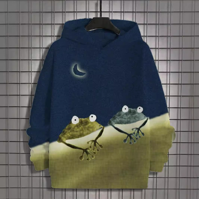 „Amazon“ Europoje ir Amerikoje tiesiogiai parduoda „Wei Yi Fun Frog Art“ kūrybinį 3D spausdinimą turintį vyrišką gobtuvą su gobtuvu, laisvalaikio stiliaus, su amžiaus mažinimu.
