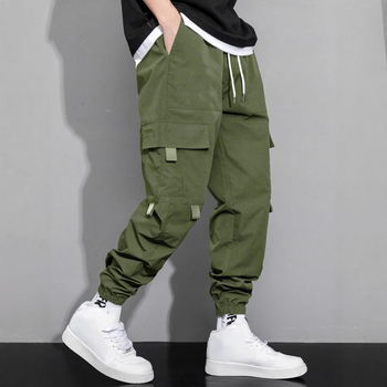 Pánske jarné a jesenné nové jednofarebné jednoduché americké štýlové mládežnícke voľné pracovné nohavice s viacerými vreckami