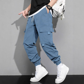 Pánske jarné a jesenné nové jednofarebné jednoduché americké štýlové mládežnícke voľné pracovné nohavice s viacerými vreckami