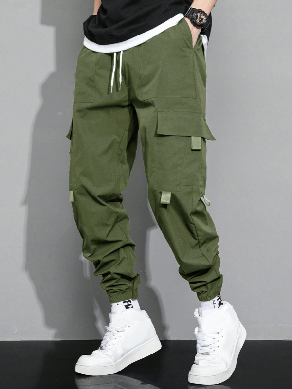 Pánske jarné a jesenné nové jednofarebné jednoduché americké štýlové mládežnícke voľné pracovné nohavice s viacerými vreckami