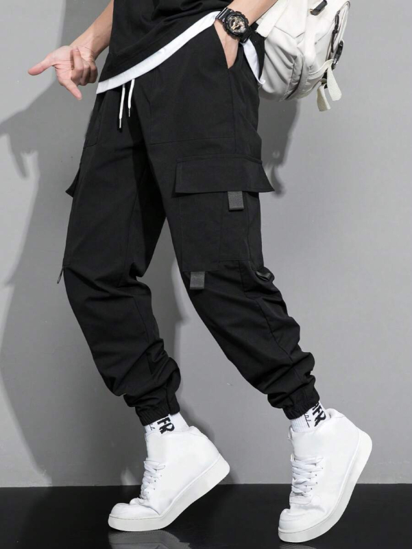 Pánske jarné a jesenné nové jednofarebné jednoduché americké štýlové mládežnícke voľné pracovné nohavice s viacerými vreckami