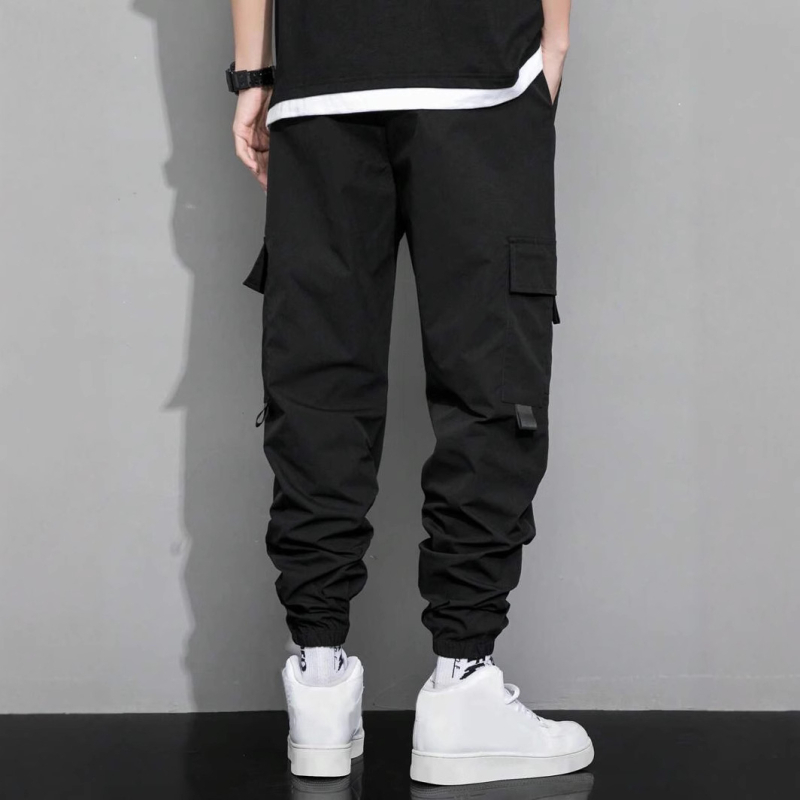 Pánske jarné a jesenné nové jednofarebné jednoduché americké štýlové mládežnícke voľné pracovné nohavice s viacerými vreckami