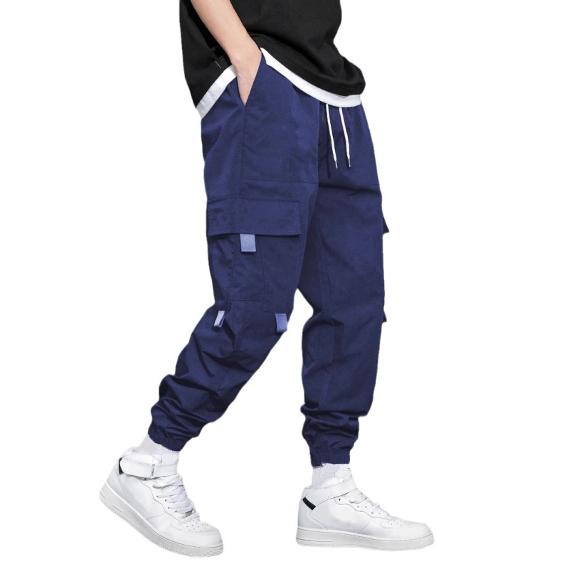 Pánske jarné a jesenné nové jednofarebné jednoduché americké štýlové mládežnícke voľné pracovné nohavice s viacerými vreckami