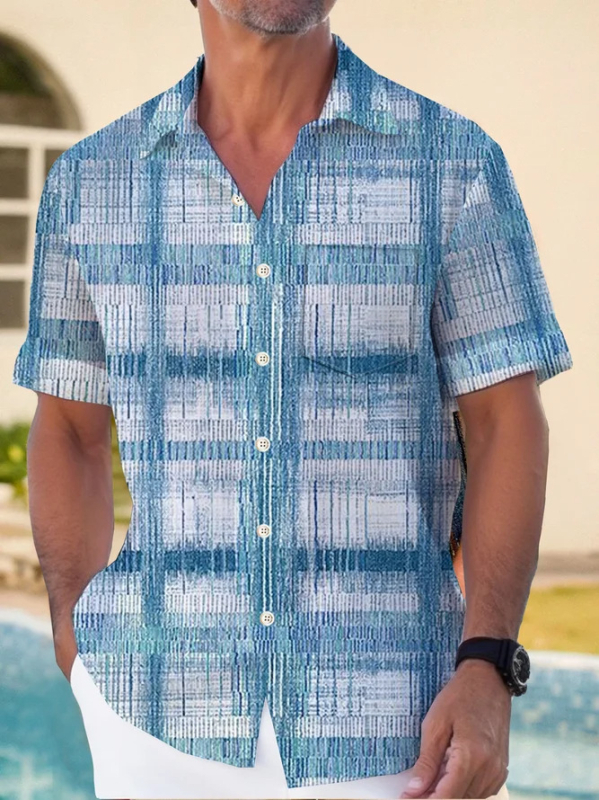 2024-es trendi, menő divatos kék kockás ing, 3D nyomtatású hawaii ing, férfi nyári ing, közvetlenül a gyárból