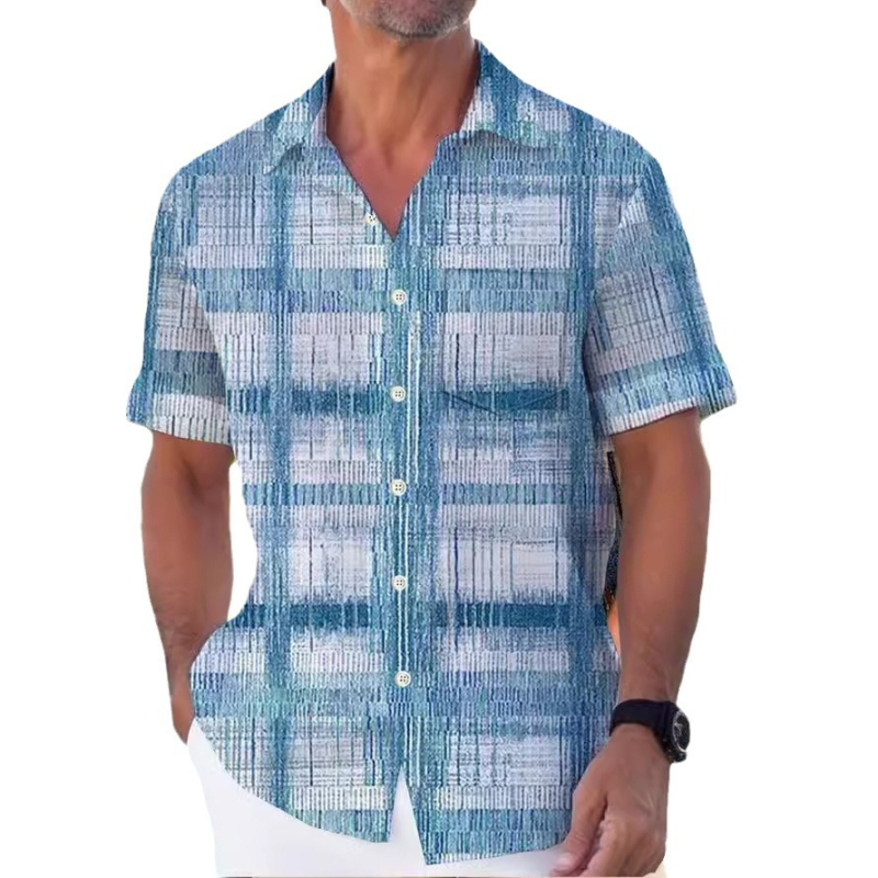 2024-es trendi, menő divatos kék kockás ing, 3D nyomtatású hawaii ing, férfi nyári ing, közvetlenül a gyárból
