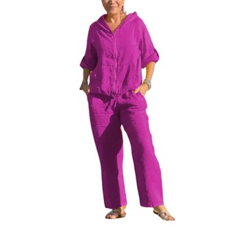 2024 Amazon Independent Station Νέο γυναικείο ευρωπαϊκό και αμερικανικό βαμβακερό και λινό κουκούλα με φερμουάρ σε καθαρό χρώμα, χαλαρό, μακρυμάνικο παντελόνι