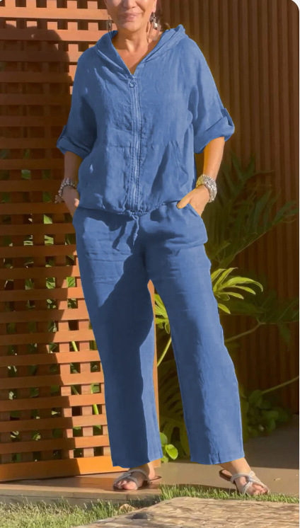 2024 Amazon Independent Station új női európai és amerikai pamut és lenvászon kapucnis cipzáras laza, tiszta színű hosszú ujjú nadrágkosztüm