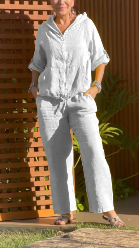 2024 Amazon Independent Station új női európai és amerikai pamut és lenvászon kapucnis cipzáras laza, tiszta színű hosszú ujjú nadrágkosztüm