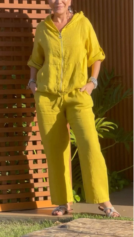 2024 Amazon Independent Station új női európai és amerikai pamut és lenvászon kapucnis cipzáras laza, tiszta színű hosszú ujjú nadrágkosztüm