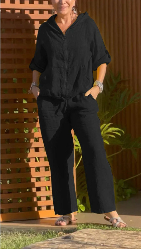 2024 Amazon Independent Station új női európai és amerikai pamut és lenvászon kapucnis cipzáras laza, tiszta színű hosszú ujjú nadrágkosztüm