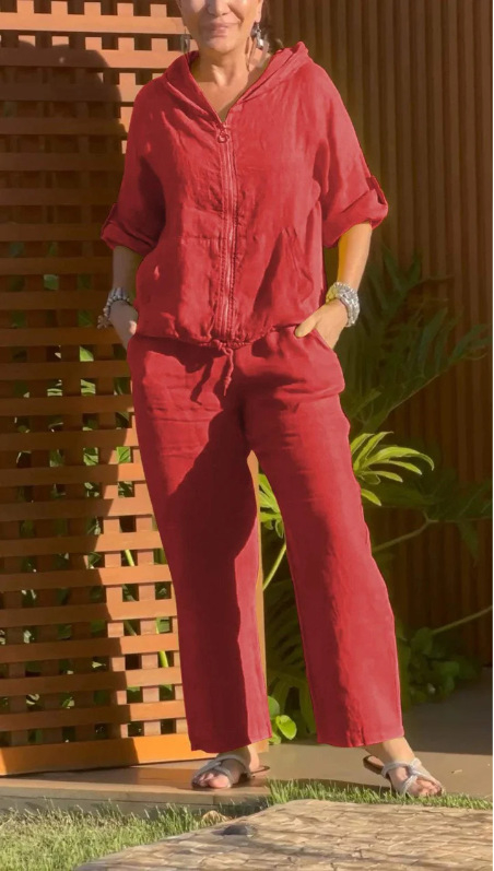 2024 Amazon Independent Station új női európai és amerikai pamut és lenvászon kapucnis cipzáras laza, tiszta színű hosszú ujjú nadrágkosztüm