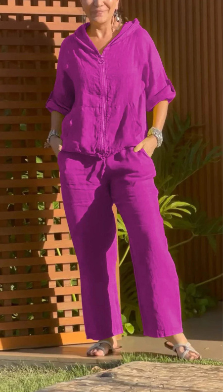 2024 Amazon Independent Station új női európai és amerikai pamut és lenvászon kapucnis cipzáras laza, tiszta színű hosszú ujjú nadrágkosztüm