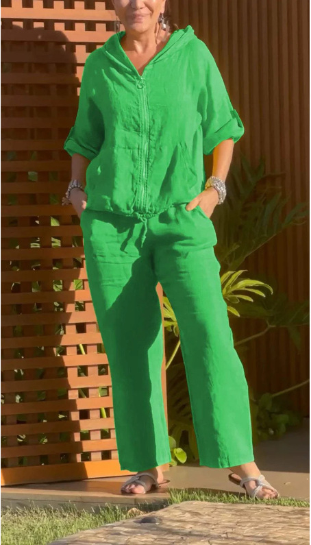 2024 Amazon Independent Station új női európai és amerikai pamut és lenvászon kapucnis cipzáras laza, tiszta színű hosszú ujjú nadrágkosztüm