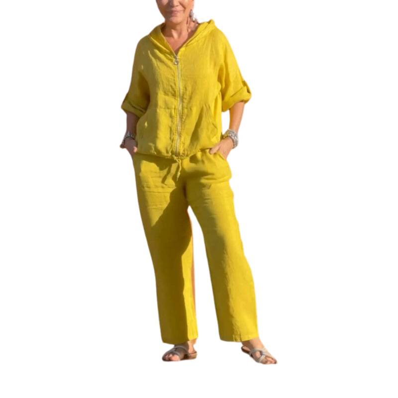 2024 Amazon Independent Station új női európai és amerikai pamut és lenvászon kapucnis cipzáras laza, tiszta színű hosszú ujjú nadrágkosztüm