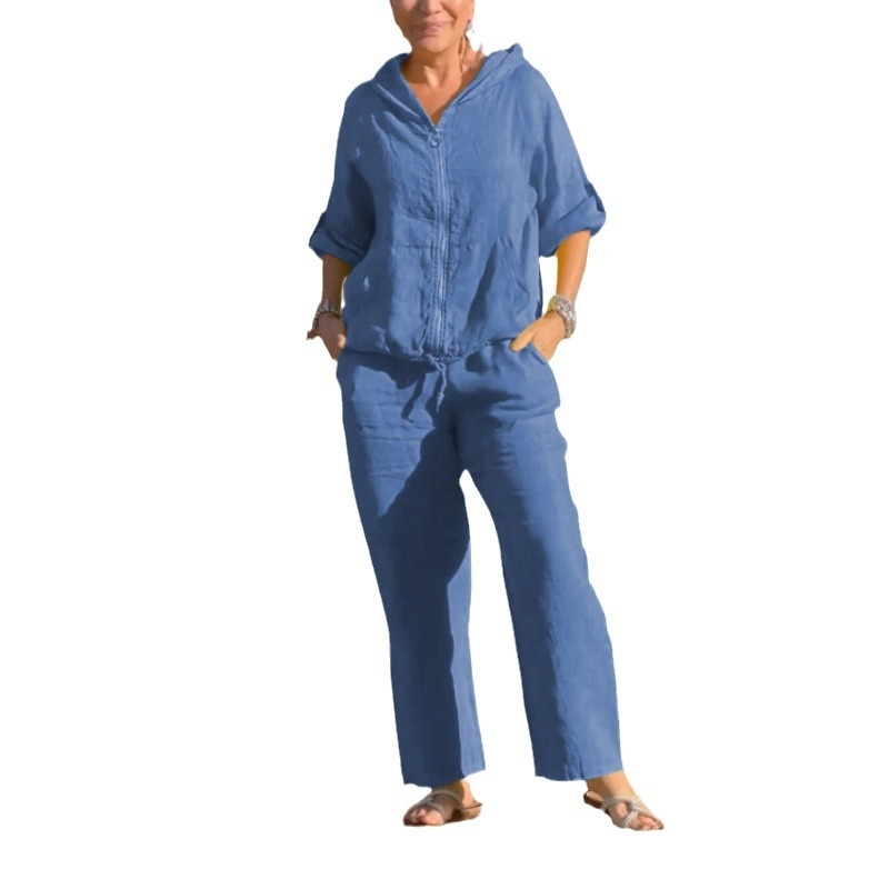 2024 Amazon Independent Station új női európai és amerikai pamut és lenvászon kapucnis cipzáras laza, tiszta színű hosszú ujjú nadrágkosztüm