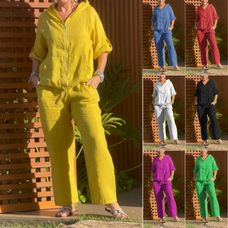 2024 Amazon Independent Station új női európai és amerikai pamut és lenvászon kapucnis cipzáras laza, tiszta színű hosszú ujjú nadrágkosztüm