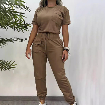 Jachetă sport cu mânecă scurtă, stil casual pentru femei, din Europa și Statele Unite, cu guler rotund, culoare solidă, pantaloni de jogging, din două piese - V120