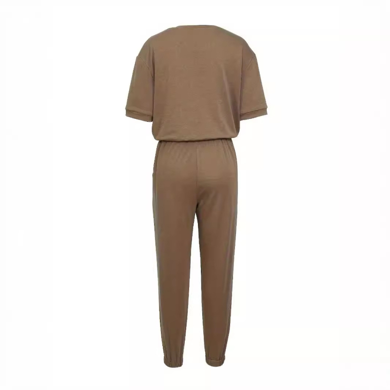 Jachetă sport cu mânecă scurtă, stil casual pentru femei, din Europa și Statele Unite, cu guler rotund, culoare solidă, pantaloni de jogging, din două piese - V120