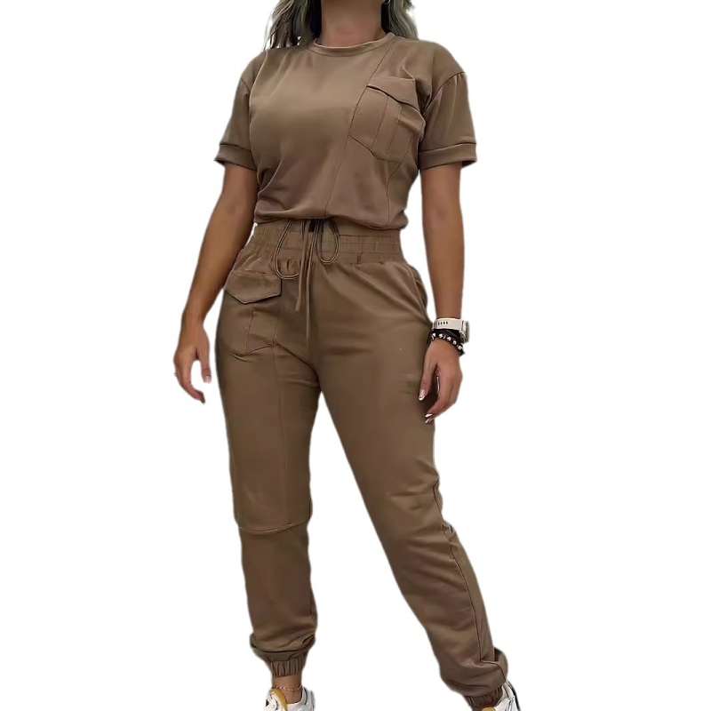 Jachetă sport cu mânecă scurtă, stil casual pentru femei, din Europa și Statele Unite, cu guler rotund, culoare solidă, pantaloni de jogging, din două piese - V120